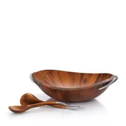 Wholesale 🔔 Nambé Braid Collection Salad Bowl & Servers Chrome Plate And Acacia Wood 🌟